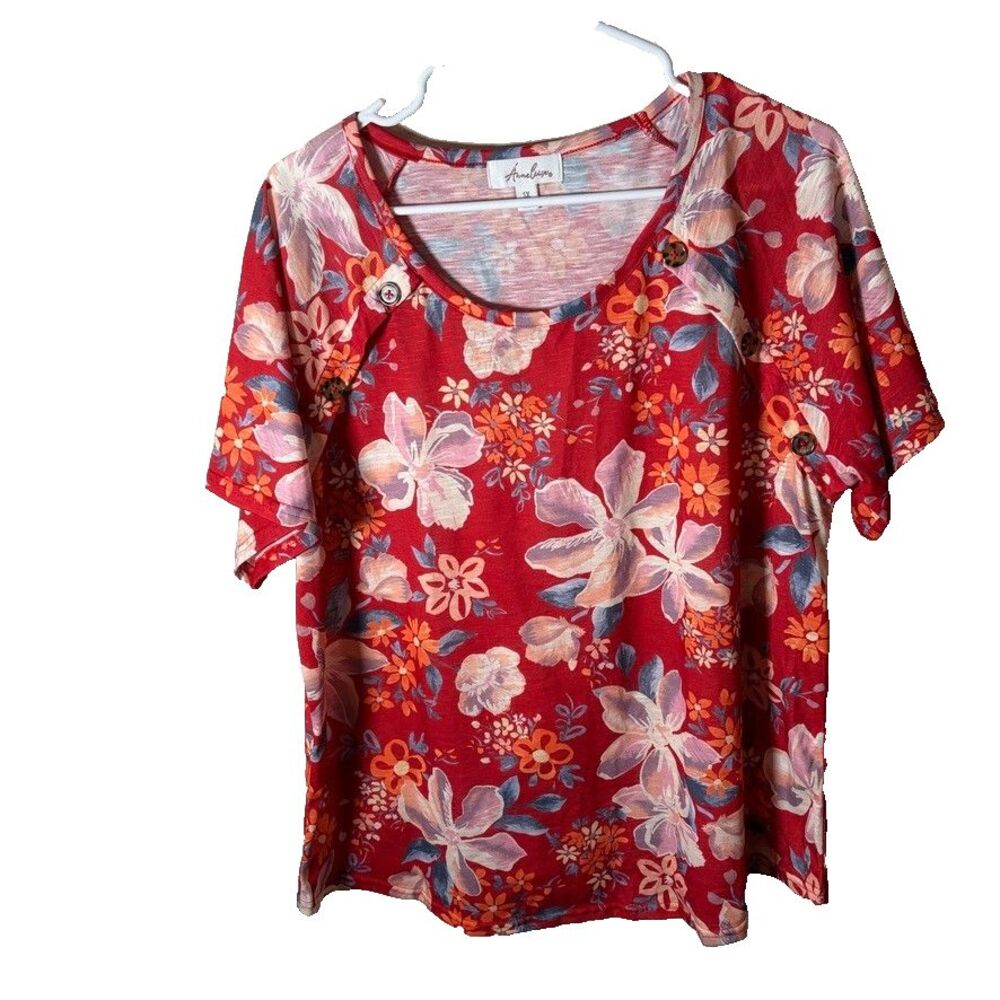 Annelise T-Shirt Women's 1X Red Floral Short Sleeve Round Neck Casual Top